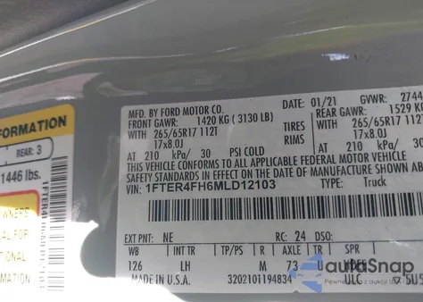 2021 Ford Ranger Xlt z USA, uszkodzony, nr VIN 1FTER4FH6MLD12103